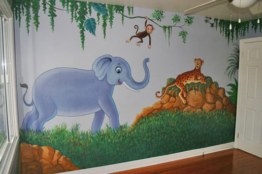 Kids jungle animals, nursery mural painting with elephant, tiger and monkey by Richard Ancheta.